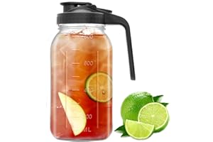 SHOWVIGOR 32 oz Glass Mason Jar Pitcher with Pour Spout & Handle, Wide Mouth Leak-Proof Jug for Cold Brew Coffee, Iced Tea, Juice, Lemonade, Sun Tea, Fruit Drinks, Airtight Lid for Fridge Storage (1 Quart)