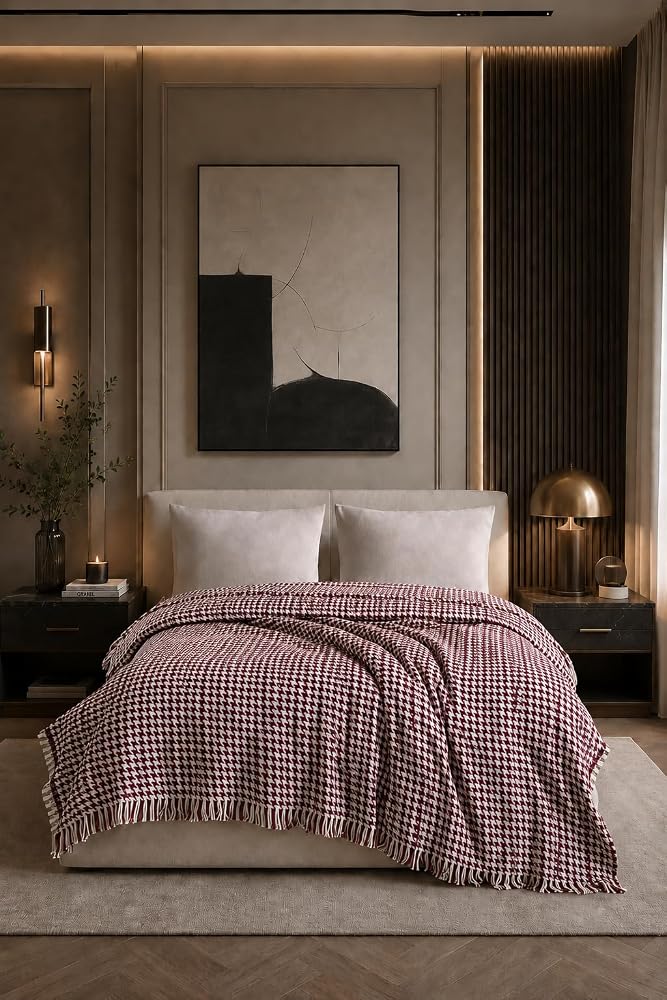 Bordo Çift Kişilik Pike | Kazayağı Desenli Dekoratif Yatak Örtüsü | 200x220 cm Saçaklı