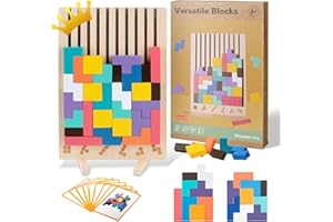 PKKP Holzpuzzle 3D Tetris, Sensorik Bausteine Puzzle mit 42 Steinen und 10 Herausforderungskarten, Montessori Spielzeug Geschenk für Holzpuzzle Set Tetris Spiel ab 3 4 5 6 Jahr (A)