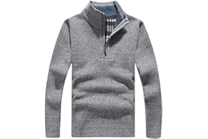 Les umes Mens Quarter Zip Jumper Plaid Fleece Lined Knit Turtleneck Sweater Warm Long Sleeve Stand Collar Pullover