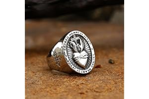 XJruixi Vintage Catholic Stainless Steel Sacred Heart of Jesus Ring Unique Creative Letter Heart Shaped Cross Ring Men Jewelry Gift