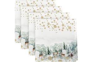 Artoid Mode Gold Snowflakes Trees Deer Christmas Cloth Napkins Set of 4, 45 x 45cm Winter Xmas Table Dinner Reusable Napkins Party Kitchen Decoration