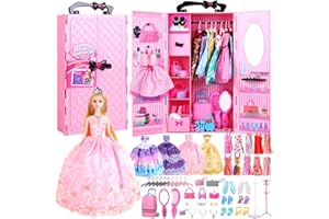 UCanaan Armoire Garde Robe pour Vêtements Poupée Fille 11,5 Pouces Et Rangement Accessoires - Lot 51 Articles Comprenant Malle, Décontractés,Robe,Maillots Bain,Chaussure