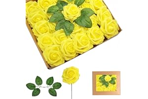 YAYAFUNFUN 25 rose gialle artificiali per decorazione, rose finte in schiuma realistica al tatto, fiori finti con steli, per sposa/baby shower, tombe, San Valentino, Natale, decorazioni per matrimoni