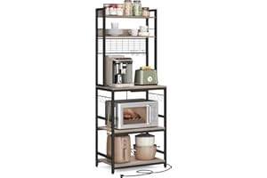 VASAGLE Kitchen Storage Rack with Power Outlet, Coffee Bar, Baker's Rack, with Metal Wire Panel, 14 Hooks, for Microwave, Steel Frame, 40 x 60 x 170 cm, Greige and Ink Black KKS037B22