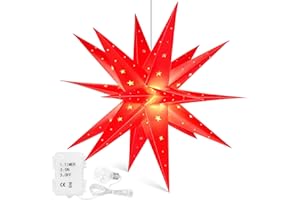 ‎QIJIEDA 3D Weihnachtsstern Beleuchtet Fenster Batterie mit Timer - 45cm led Weihnachtsbaumspitze Stern, Leuchtstern Stern Zum Dekorieren von Weihnachtsbaum, Innenhof, Balkon Und Garten - Qijieda(Red)