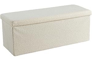 Home Source Extra Large Folding Ottoman Boucle Teddy Fabric Storage Chest, Cream, 100cm