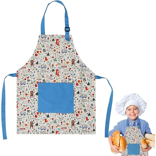 ABOHU 4 Stuks Verstelbare Kinderschort Set, Chef Kok Schort met Zakken & Muts voor Jongens Meisjes 2-6 Jaar, Keukenschort voor Koken, Bakken en Creatief Spel