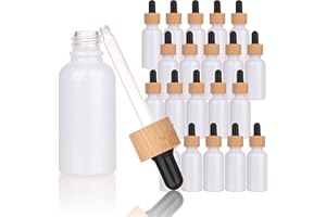 COSIDEA Lot de 20 flacons vides ronds en verre avec compte-gouttes en bambou Blanc nacré 30 ml