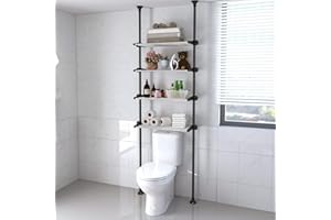 DAKEPOLE Black Over Toilet Shelf with 4-Level Adjustable Shelves, Space-Saving Double Tension Rod, Standing Shelf, Bathroom Shelves Organiser, Clothes Hangers Rods, No Drilling