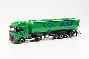 Herpa Iveco S-Way LNG Silo-Sattelzug Jost Group fidèle à l'original à l'échelle 1:87, réduit de Camion pour Diorama, d'objet de Collection, modèles Miniatures de décoration en Plastique, 315609, Vert