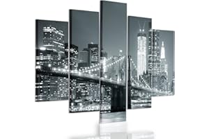 FEEBY FRAMES Feeby Cuadro En Lienzo Nueva York Puente Brooklyn 5 Piezas Tipo A 100x70 cm Impresión Artística Calidad Fotografica Imagen Salon Dormitorio Cocina Oficina Pasillo Puente Ciudad Noche Blanco Y Negro