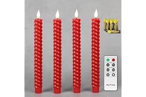 ‎RHYTSING Rhytsing Zestaw 4 czerwonych bezpłomieniowych świec stożkowych Twist z timerem, zasilane bateryjnie, spiralne świece stołowe, kolacja, ciepłe, białe światło, pilot zdalnego sterowania i baterie w