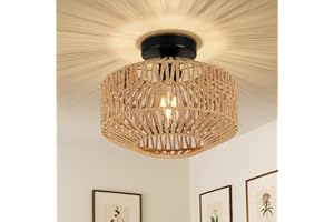 Rayofly Plafonnier Suspendu en Rotin - Abat-Jour Boho Vintage en Bambou - Luminaire Rustique pour Salon, Chambre, Cuisine et Couloir