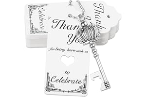 Aokbean 100 piezas bombonera antigua llave abrebotellas con forma de corona para fiesta de boda bautizo con tarjeta de agradecimiento y cadena (plata antigua)