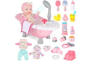 deAO Banera Munecas con Ducha,Conjunto de Baño Mi Primera Muñeca Bebé con Funciones de Agua Real Set Incluye 36cm Muñeca, Bañera, Accesorios y Albornoz