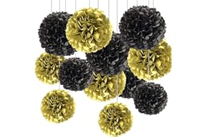 CC WONDERLAND ZONE Decoration Nouvel An 2026,Lot de 12 Pompons Papier de soie Noir et Doré pour Décoration Suspendre de Plafond de Fête