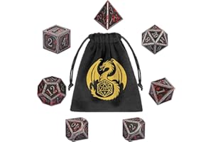 DND DADO Set di Dadi in Metallo DND, 7 pezzi di Dadi Poliedrici, Accessori per Giochi di Ruolo e da Tavolo, Regali D&D con Borsa Regalo, D20, D12, 2 D10 (00-90 e 0-9), D8, D6 e D4, Argento Macchiato di Sangue