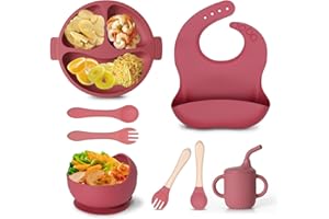 EULUOZIQING 8 Stück Silikon Baby Geschirrset, BPA Frei Baby Teller mit Saugnapf, Rutschfest Kindergeschirr Set mit Lätzchen Trinklernbecher Löffel Gabel Schüssel für Kleinkinder (Rosa)