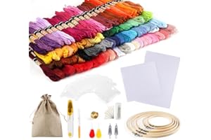 estcoo Kit Broderie,100 Couleurs Fil à Broder,155pcs Fil Bracelet Bresilien Embroidery Kit avec Sac de Jute,1 Paquet d'Outils,5 Cadres en Bambou, 2 Tissus,Kit de Point de Croix pour Adulte Débutant