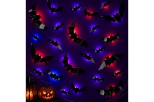Halloween Dekoration Utomhus 24 lysande 3D-Fladdermöss för Dörr Och Fönster | Innehåller 24 LED-Lampor och Självhäftande Pads, Röd-Blått Eller Lila Blinkande Ljus, Slumpmässigt Blandat