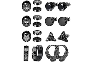 Morfetto 8 pares De Pendientes para Hombre Pendientes Vikingos Pendientes de Aro Huggie Vintage de Acero Inoxidable Pendientes Negros de Lobo para Hombres Joyería Vikinga Nórdica