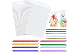 FRENDOUR Cellophane Bags,50pcs (6 x 10 Inches) Clear Cellophane Bag with 80pcs Colorful Pull Bows & 50pcs Colorful Ties,Flat Bottom Sweets Clear Bags for Present Packaging.