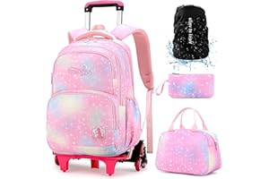 VOICI ET VOILA Mochilas Escolares con Ruedas Carro para Mochilas Escolares Niña Niños Grande Bolsas Escolares 6 Ruedas Trolley Bag Mochila Infantil Rosa 32x18x45CM