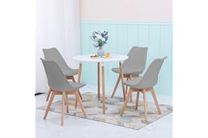 ‎FURNITABLE FURNITABLE Set aus Runder Esszimmertisch mit 4 Grauen Stühlen | Essgruppe 5-teilig | Esszimmergruppe für Esszimmer Küche Wohnzimmer | Weißer Esstisch