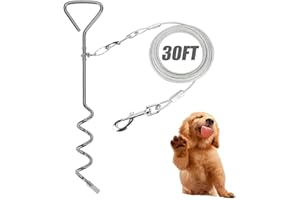 GENCAM Dog Tie Out Cable and Stake for Dogs, Dog Tie Out Cable with Spiral Ground Stake, Outdoor Dog Camping Tie Out Dog Lead Hook Leash for Dogs (10m)