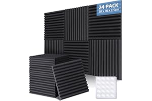 Ohuhu Akustikschaumstoff Akustikpaneele 24 Stück mit Aufkleber, 30 x 30 x 2,5 cm, Schalldämmung Wand Schallabsorber Akustikschaumplatten Schallschutz für Tonstudio Podcasts Gaming Deko, Schwarz