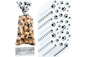 Blulu 100 Pieces Pet Paw Print Cone Cellophane Bags Heat Sealable Candy Bags Dog Paw Gift Bags Cat Treat Bags with 100 Silver Twist Ties for Pet Treat Party Favor