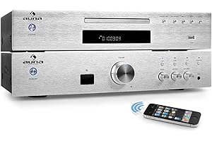 auna Elegance Tower Bluetooth 2.0 Set HiFi (Lecteur CD, ampli HiFi stéréo doté de 3 entrées AUX, Compatible MP3) - Argent