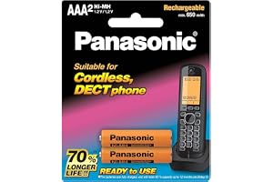Panasonic AAA Ni-MH Rechargeable Batteries for Cordless DECT Phones, Pack of 2, BK-4LDAW/2BT