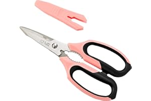 C.JET TOOL 8" Sharp Stainless Kitchen Scissors Meat Vegetables Herbs Food Cutting Shear Heavy Duty Cooking Scissors with Soft Grip Utility Multi-Purpose Carton Opening Tip Blade (Pink)