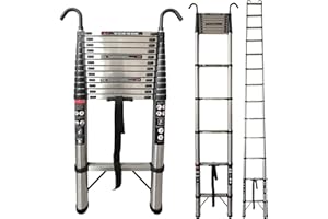 7SEVENJOKERS Teleskopleiter für Dachboden, 5 m, Edelstahl, ausziehbar, Dachleiter mit abnehmbaren Haken, tragbar, ausziehbar, Dachleiter für Haushalt und Arbeiten im Freien, 150 kg Kapazität