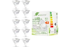 greenandco 10x Ampoule LED MR16 GU5.3 | 5W 430 lm | 3000K blanc chaud | 38° | COB LED | 12V AC/DC | non dimmable