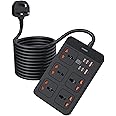 DANEEN 11 in 1 Universal Power Extension Cord, 5M Cable long Cord, with Master Switch, 4 Type-C and 2 USB Fast charging Ports,10A Fused UK Plug, 2500W Power Capable & Surge Protector - Black