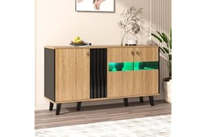 Sweiko Sideboard,Kommode Wohnzimmer mit LED-Licht und Glas,Küchenschrank mit 3 TüRen,Holz und Schwarz Buffetschrank,Aufbewahrungsschrank für Esszimmer,Eingang und Flur(Schwarz und Natural)