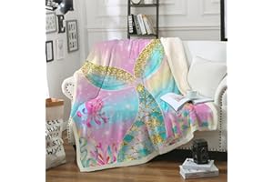 HAVOP Mermaid Blanket Throw Kids Girls Sharpa Fleece Blankets Throws Pink Sharkling Glitter Mermaid Tail Sea Animal Print Blanket Room Decor