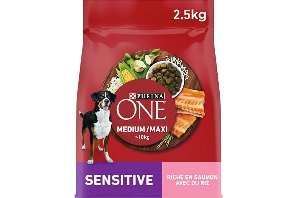 PURINA ONE | Sensitive | Croquettes Chien Adulte moyenne et grande taille > 10Kg | Facilite la digestion, maintien les muscles forts et un niveau suffisant d'énergie | Saumon | Sac 2,5 kg