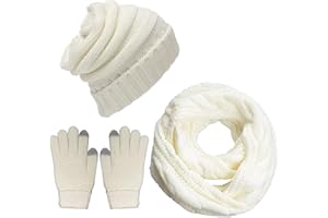 CheChury Cappelli Sciarpa Guanti Set Invernale da Donna Berretto a Maglia Berretto con Apertura Capelli Guanti Touch Screen Invernali Moda Sciarpa 3 Pezzi