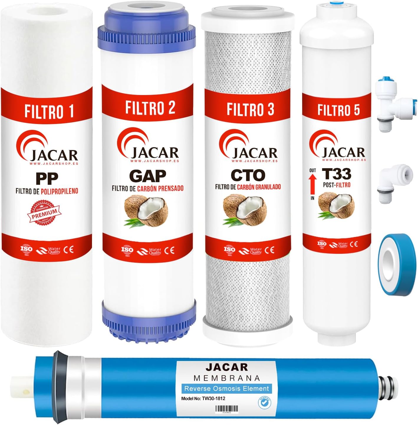 JACAR Filtros de Osmosis Inversa de 5 Etapas Universales con Membrana 50 Gpd Filtros Osmosis Compatible con casi todos los Sistemas de Osmosis NO COMPACTOS, Kit Recambios Osmosis Inversa para Agua