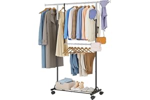 FAVOOSTY Kleiderständer auf Rollen, Mobiler Kleiderständer Stabil, Garderobenständer Metall, Einstellbar Garderobe, 89.50×39.00×161.20 cm Weiß