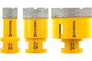 HIGHDRIL Broca de diamante - 3pcs 20/35/55mm con rosca M14 Taladrado en seco para azulejos de porcelana Cerámica Granito Mármol Piedra Mampostería Ladrillo para amoladoras angulares