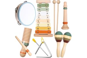 Musikinstrument för barn från 3 år, 12-delat musikset i trär | Utforska ljud och rytm med xylofon, tamburin, skallror och triangel i mjuka neutrala färger.