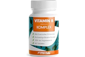 ‎PROFUEL Vitamin B Komplex 365 Tabletten - B Komplex mit B12 - alle 8 B-Vitamine (B1, B2, B3, B5, B6, B7, B9, B12) + Co-Faktoren Cholin & Myo-Inositol, laborgeprüft mit Zertifikat, vegan
