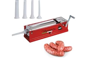 Reber Insaccatrice Manuale 6,8L/8KGS – Macchina per Salsicce Orizzontale con Sistema a 2 velocità, per Uso Domestico e Professionale - Struttura Robusta in Acciaio Inox – 4 Imbuti Inclusi