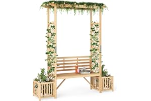 COSTWAY Garden Arch with Bench & Planter Box, 2M Wooden Arbour Trellis Pergola, Rose Vines Climbing Plant Archway Support for Party Ceremony Wedding Lawn Backyard, Natural (Flat Hanging Roof)
