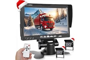 Hikity Pantalla de Visualización de Marcha Atrás con Dos Cámara Trasera, Monitor LCD de 7", Impermeable, Visión Nocturna, Cámara de Seguridad Set con Cable 15M/10M para Coche Camión Camper Remolque